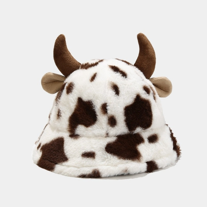 Plush Hats Warm Basin Bucket Hat Milk Cow Pattern Kawaii Horn Ears