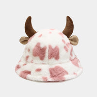 Plush Hats Warm Basin Bucket Hat Milk Cow Pattern Kawaii Horn Ears