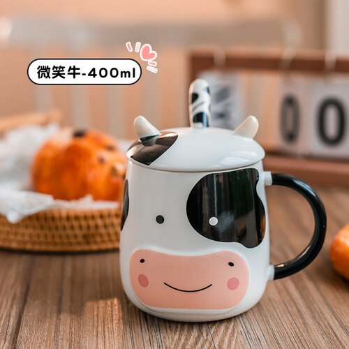 Cow Mug Porcelain Bottle with Lid Stainless Steel Spoon