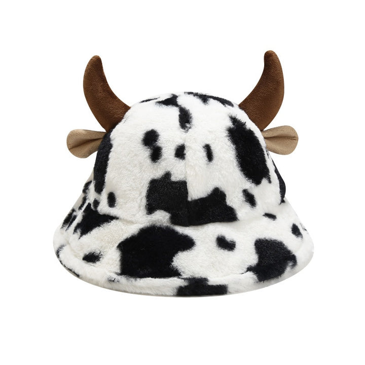 Plush Hats Warm Basin Bucket Hat Milk Cow Pattern Kawaii Horn Ears