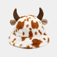 Plush Hats Warm Basin Bucket Hat Milk Cow Pattern Kawaii Horn Ears