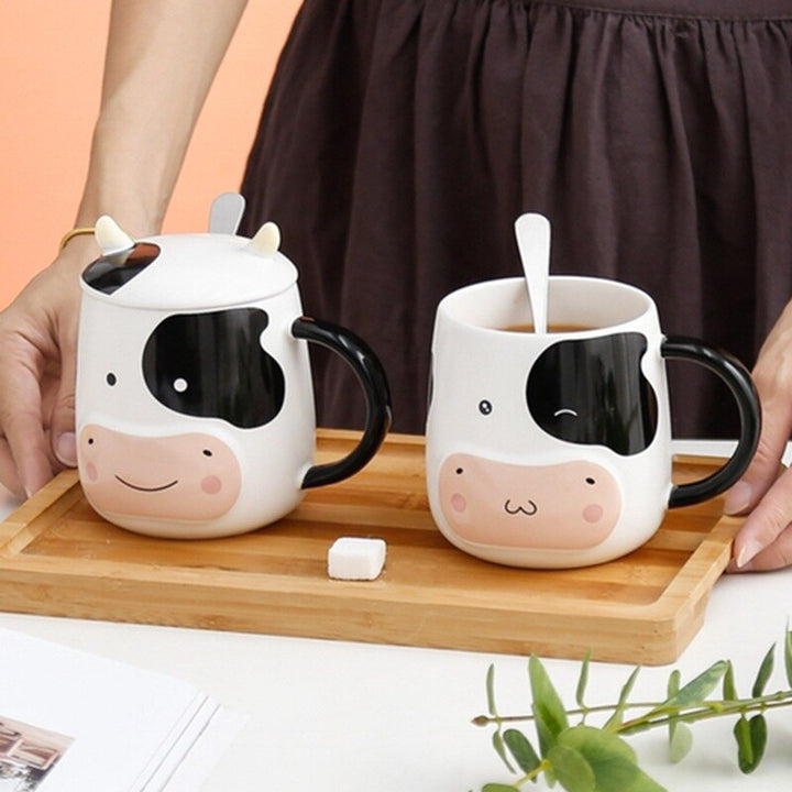 Cow Mug Porcelain Bottle with Lid Stainless Steel Spoon