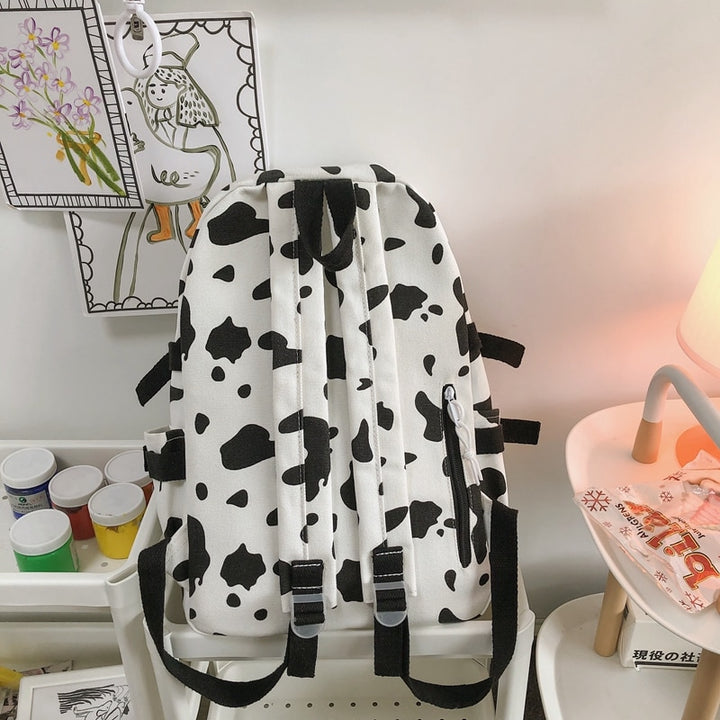 Cute Cow Printing Canvas Backpack for College & School Girl