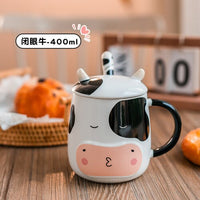 Cow Mug Porcelain Bottle with Lid Stainless Steel Spoon