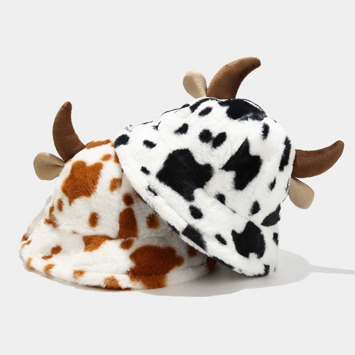 Plush Hats Warm Basin Bucket Hat Milk Cow Pattern Kawaii Horn Ears