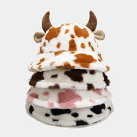 Plush Hats Warm Basin Bucket Hat Milk Cow Pattern Kawaii Horn Ears