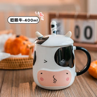 Cow Mug Porcelain Bottle with Lid Stainless Steel Spoon