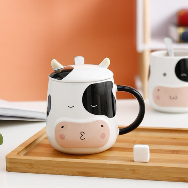 Cow Mug Porcelain Bottle with Lid Stainless Steel Spoon