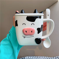 Stereo Cow Mug Cute Cartoon Animal Ceramic Water Bottle with Cover and Spoon