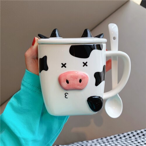 Stereo Cow Mug Cute Cartoon Animal Ceramic Water Bottle with Cover and Spoon