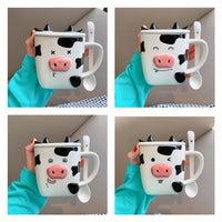 Stereo Cow Mug Cute Cartoon Animal Ceramic Water Bottle with Cover and Spoon