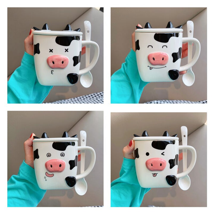 Stereo Cow Mug Cute Cartoon Animal Ceramic Water Bottle with Cover and Spoon