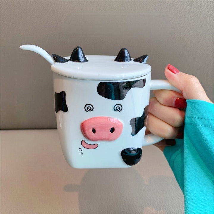 Stereo Cow Mug Cute Cartoon Animal Ceramic Water Bottle with Cover and Spoon