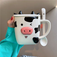 Stereo Cow Mug Cute Cartoon Animal Ceramic Water Bottle with Cover and Spoon