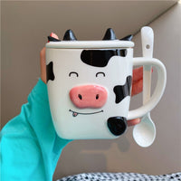 Stereo Cow Mug Cute Cartoon Animal Ceramic Water Bottle with Cover and Spoon