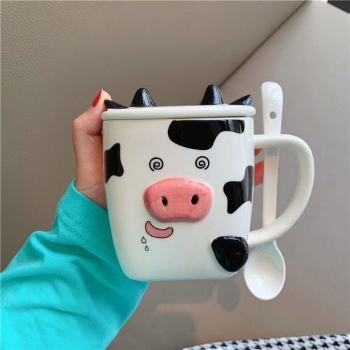 Stereo Cow Mug Cute Cartoon Animal Ceramic Water Bottle with Cover and Spoon